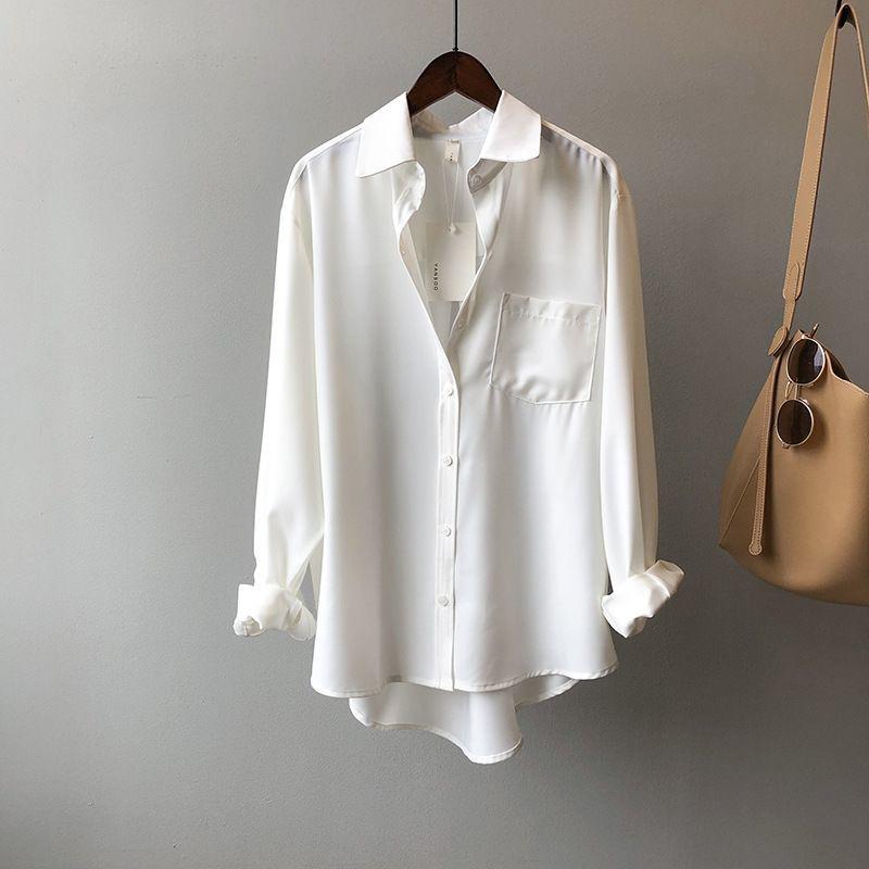 Women's Loose Gray-Blue Long-Sleeve Shirt - Niche Korean Hong Kong Style for Spring and Autumn