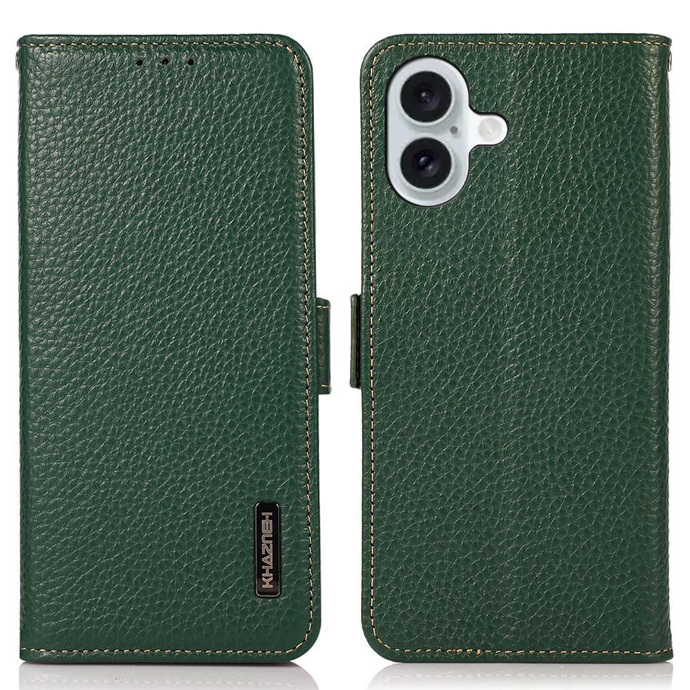 

For iPhone 16 Case Genuine Cow Leather Phone Cover RFID Blocking Wallet Green