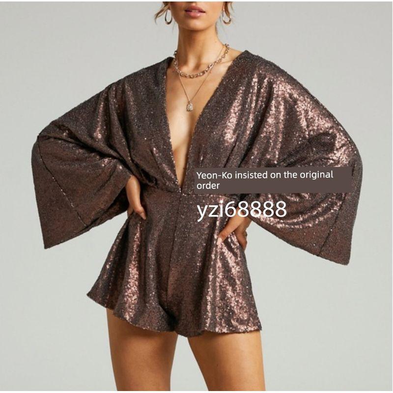 

Экспорт Чистый Ш **По Чистый Оригинал Спереди и Сзади Глубокий V-образный вырез Рукав летучая мышь Свободный крой Клубная вечеринка Вечеринка Вечеринка Блестящий комбинезон Brown Sequin jumpsuit 38 yards = M