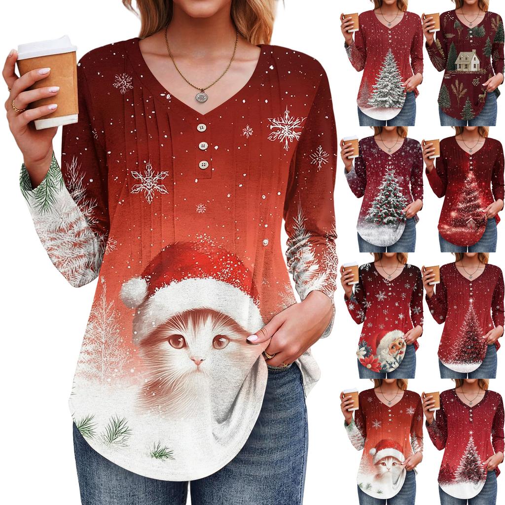Women's Fashion Casual Christmas Tree Print V-Neck Decorative Button Long Sleeve T-Shirt Top