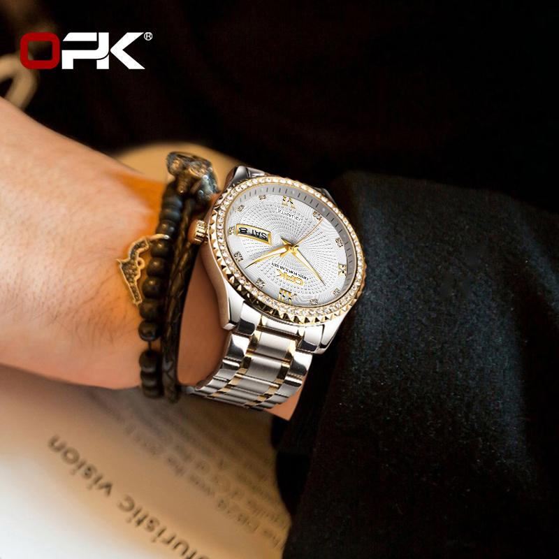OPK Brand Steel Band Three-Pin Double Calendar Waterproof Men's Quartz Watch 8113