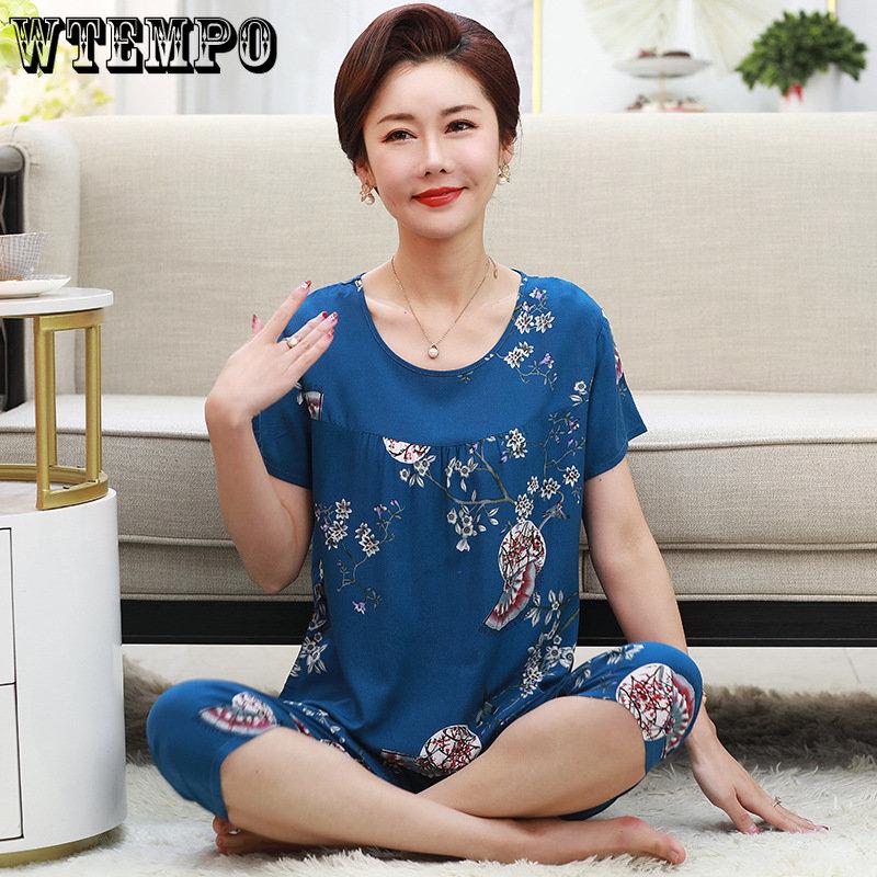 WTEMPO Sommer Mutter Zwei-stück Set Große Größe Großmutter Kleidung Kurzen ärmeln T-shirt Hosen Set Home Wear