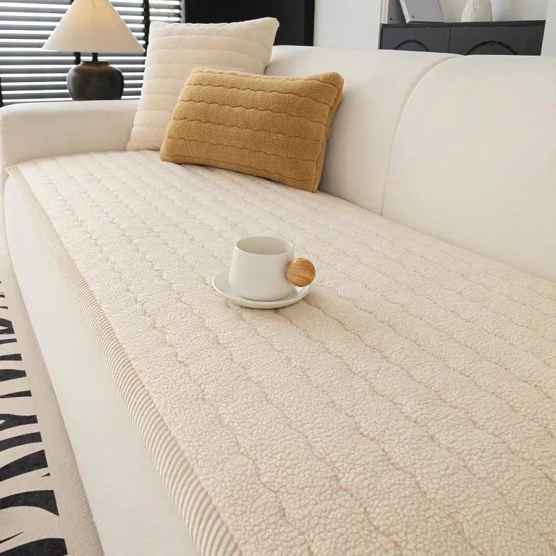 Solid Color Berber Fleece Sofa Cover Straight Row One-Piece Sofa Cushion Winter Thickened Non-Slip Couch Mats Window Sill Cushio