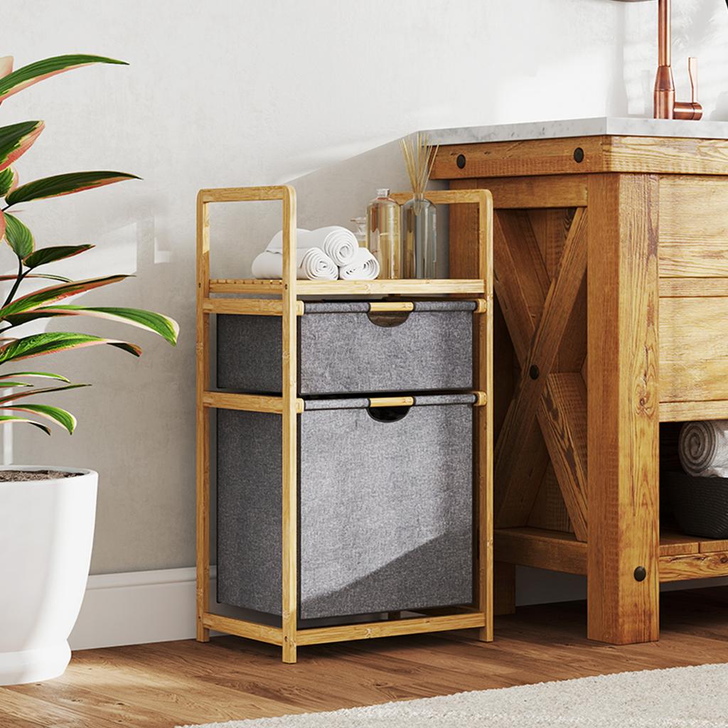 Bamboo Laundry Basket, 2 Sliding Bags, Slatted Shelf, Natural
