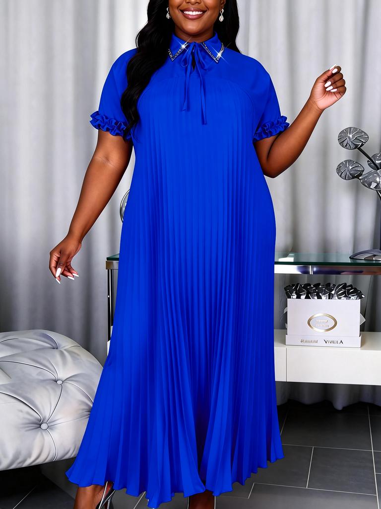 AOMEI Women Plus Size Elegant Pleated Maxi Dress Tie Neck Short Sleeve Modest Church Flowy Loose Fit Dresses