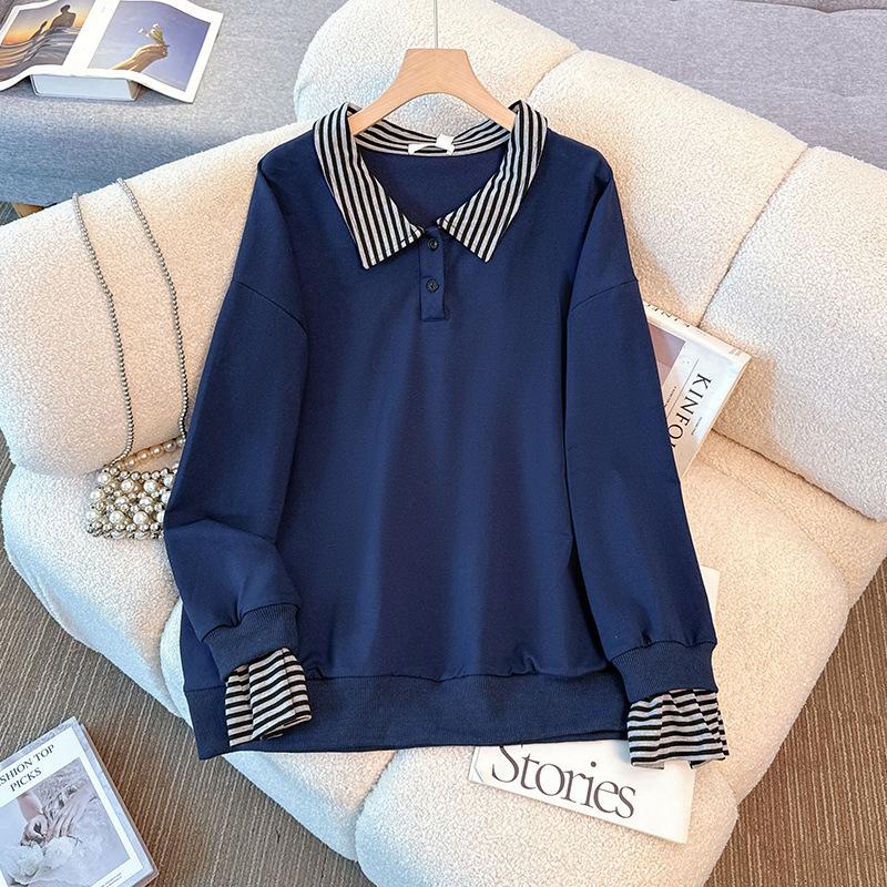 Plus-size Women's Autumn and Winter New School Style Striped Patchwork Hoodie A-line Skirt Set