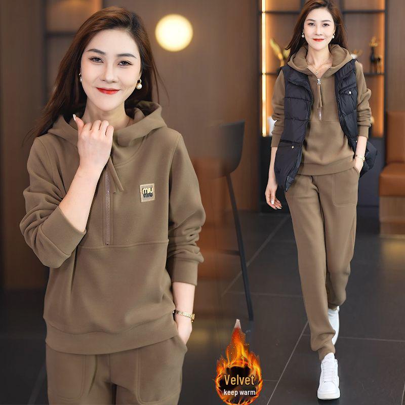 Women's Celebrity Style Fleece-Lined Sportswear Set - Autumn/Winter 2025 Two-Piece Sweatshirt Set