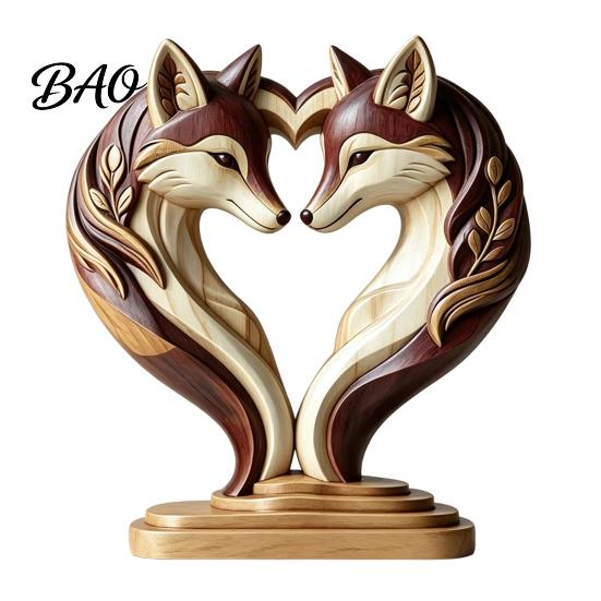 Hand Polished Wood Decor Wooden Animal Ornament with Stable Base, Double Layer Carved Figurine, Rustic Crafts for Office Heart Shape Sculpture