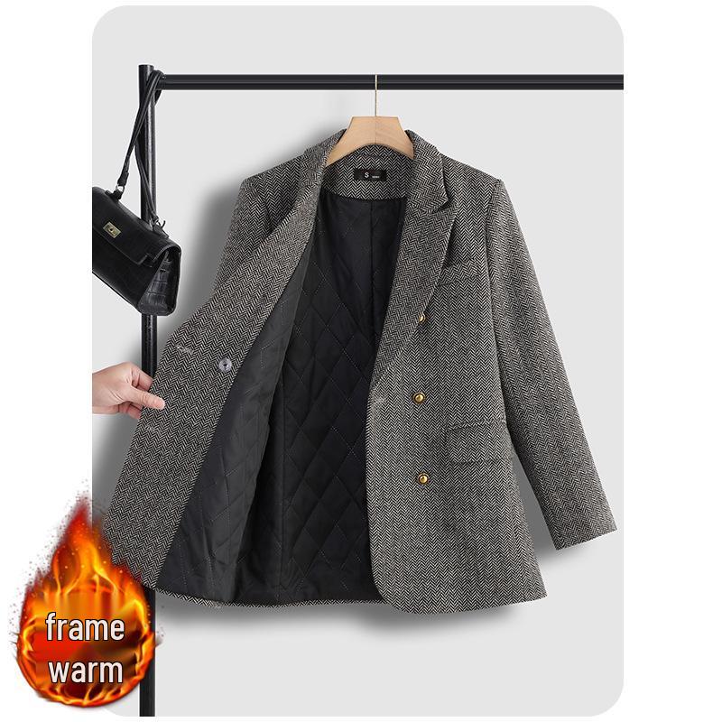 Women's Coffee-Colored Wool Blend Suit Jacket - Winter 2025, Padded, Thick, Loose Fit, Large Size.