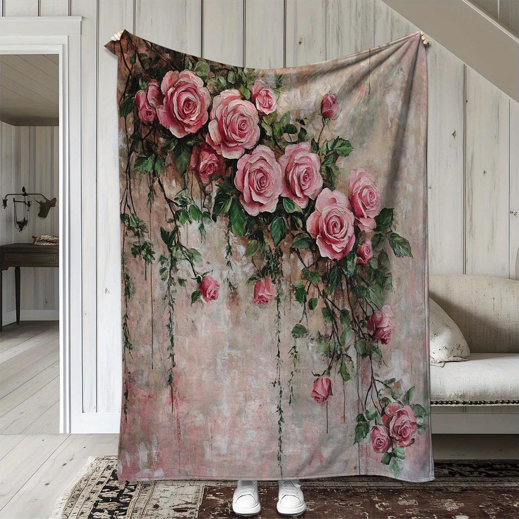 Manta de sofá floral rosa vintage con rosas, manta suave y acogedora de franela, elegante decoración del hogar, regalo para sofá, cama