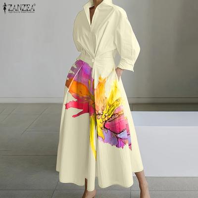 Damen Umlegekragen Locker Lässig Langarm Print Hemdkleid