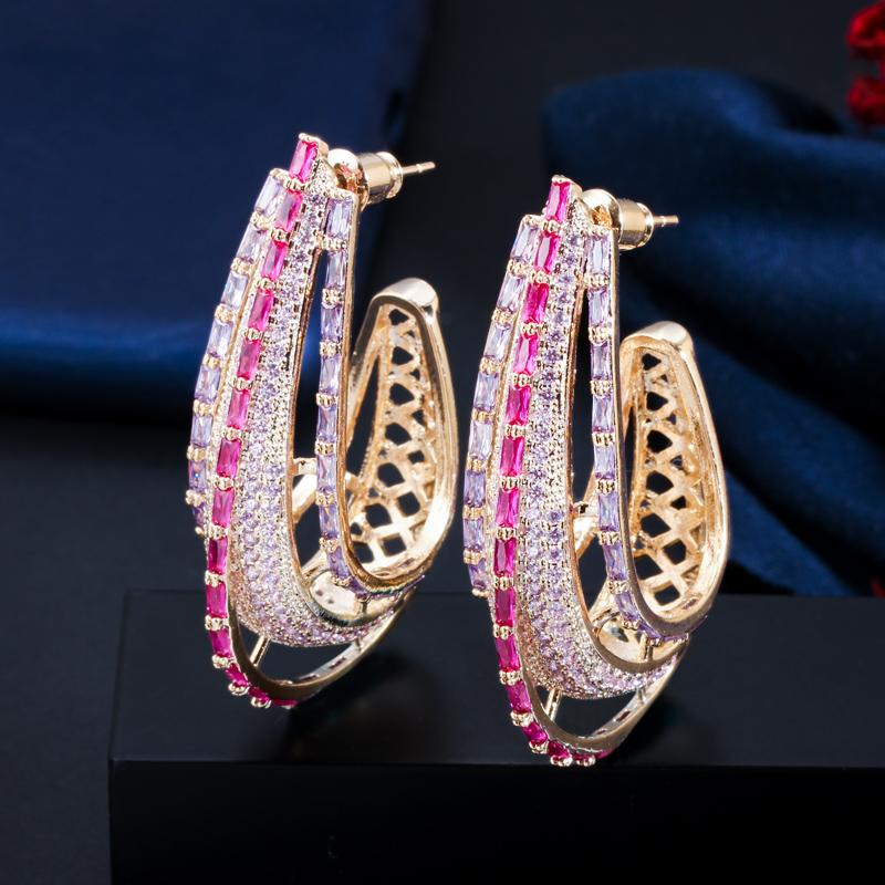 Luxury Chunky Round Circle Purple Pink Cubic Zirconia Crystal Long Big Statement Hoop Earrings for Women Gold Plated Jewelry
