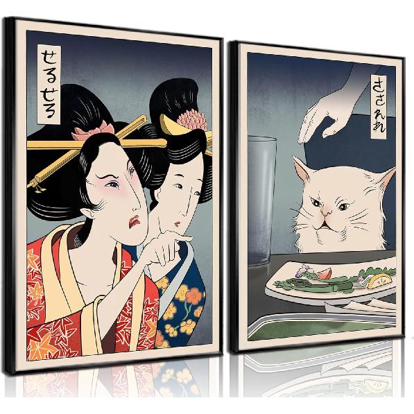 MHYIDUT 2Pcs Cute Funny Japanese Cat Wall Art Woman Yelling at Cat Posters Prints Vintage Japanese Canvas Paintings japanese Wall Decor Pictures