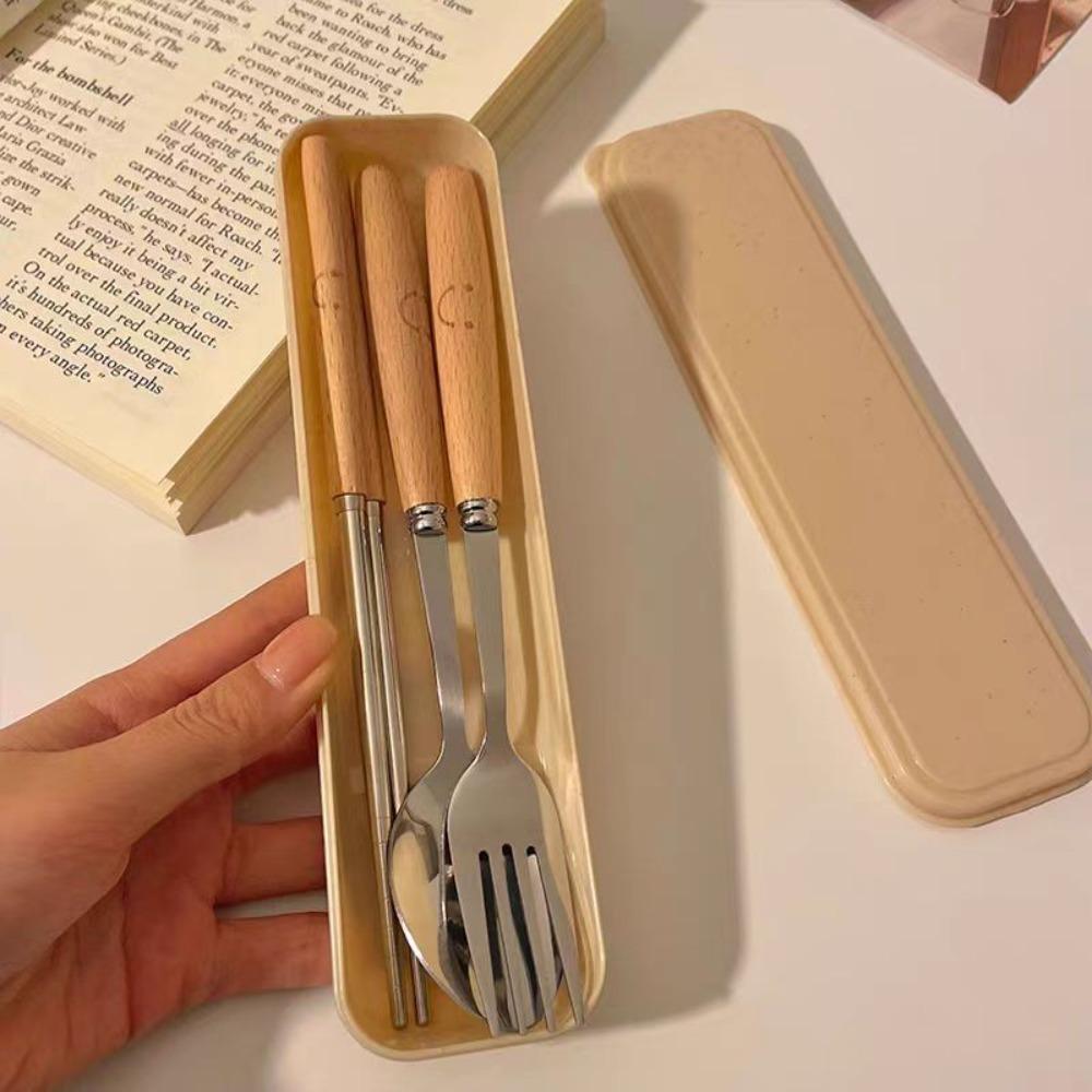 410 Stainless Steel Spoon Fork Chopstick Set with Dust-proof box Wooden Handle Tableware Set Portable Cutlery Set Student