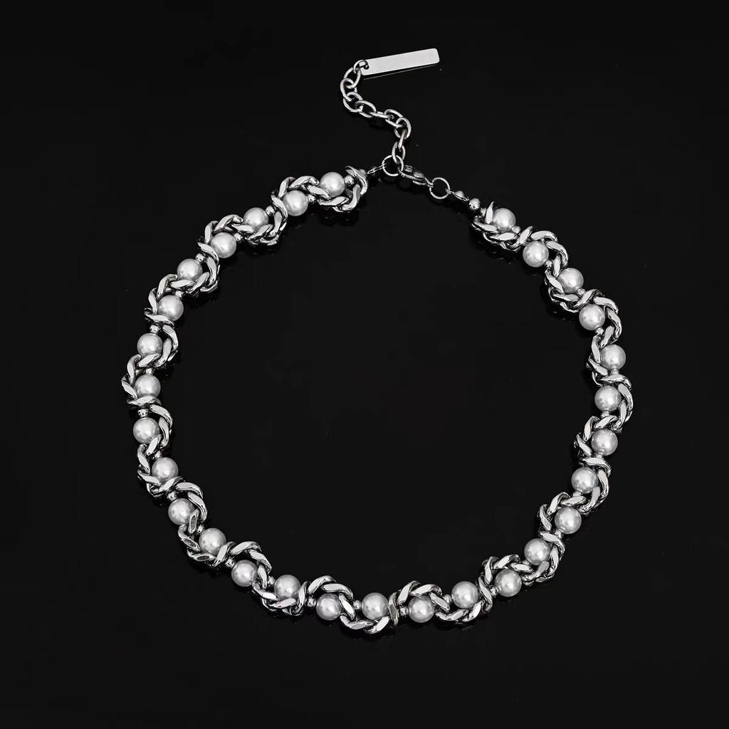 Cuban Chain Wrapped Pearl Necklace for Men Trendy Niche High-end Design Hip-hop Collarbone Chain Unisex Neck Chain Non-fading