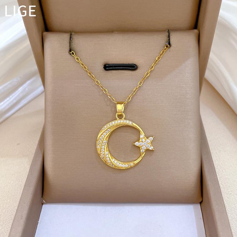 Titanium Steel, Moon Star Light Luxury Temperament Gorgeous Full Diamond Necklace Female Versatile Collarbone Chain Titanium Steel Chain