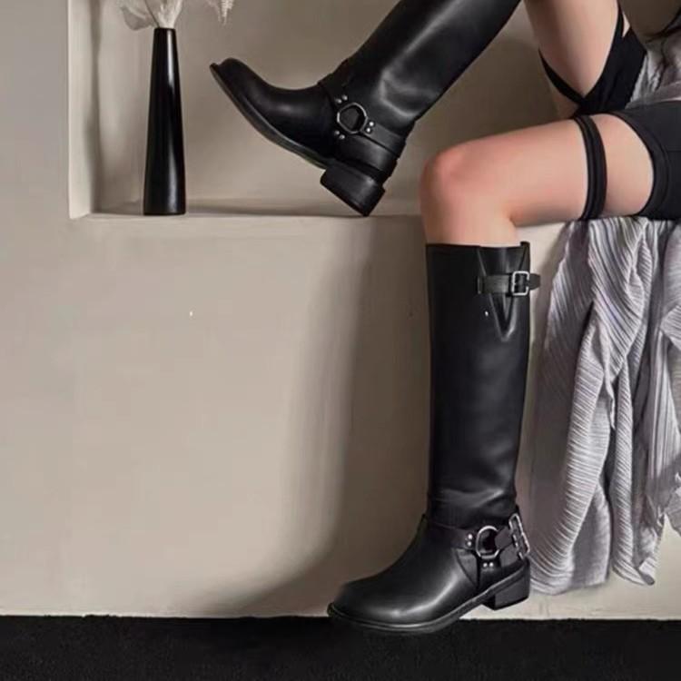 Round head adjustable belt buckle but knee mid boots women's new thick heel knight boots