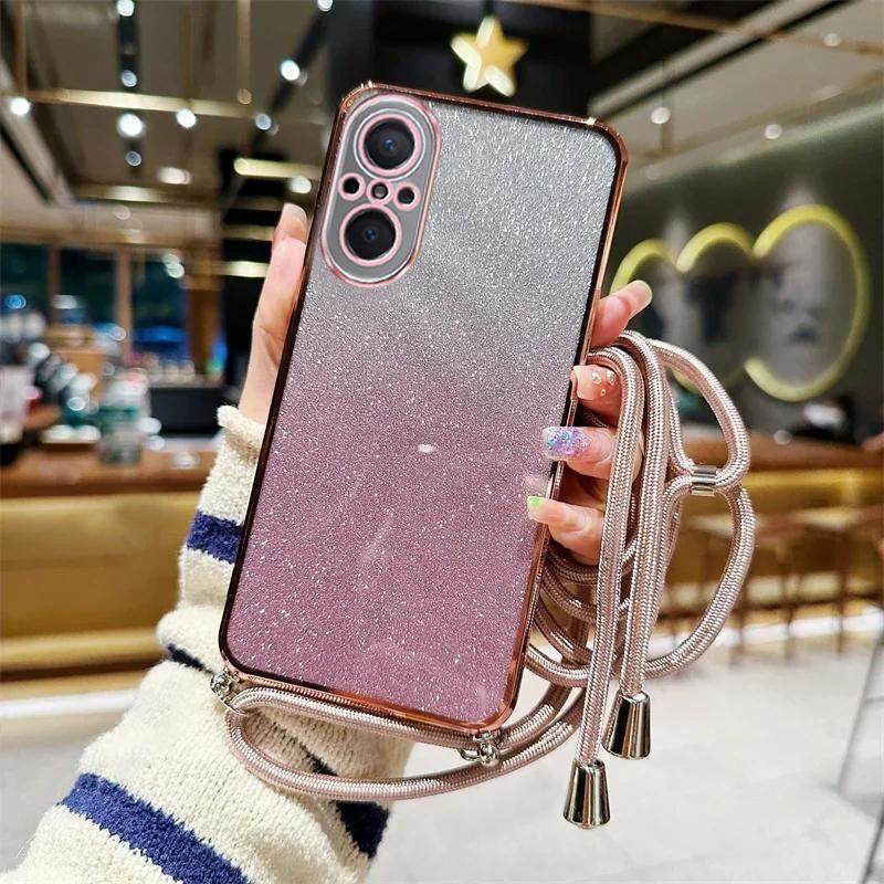 Lanyard Gradient Glitter Phone Case For Huawei Honor 200 Pro 100 90 80 70 Pro 50 60 SE 20 30 X8A 2023 Soft Silicone Back Cover
