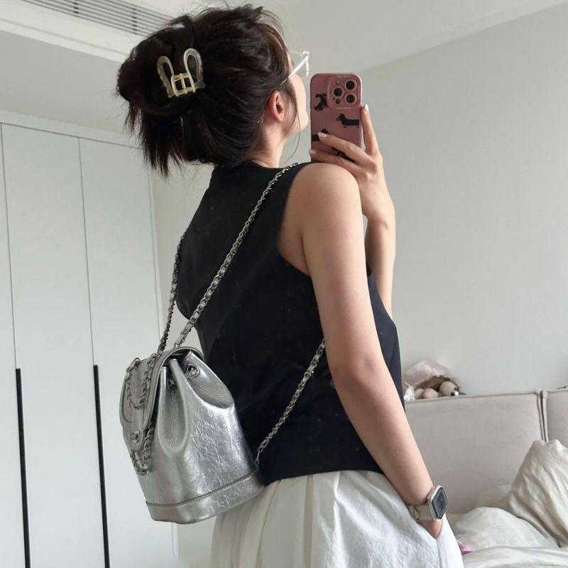 

South Korea Special-Interest Design Cardinal Red Bag Classic Style Chain Backpack Genuine Leather Silver Same Bag Silver cowband logo In Stock