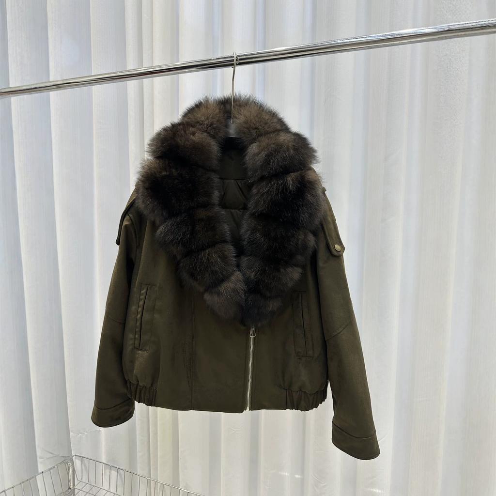 Autumn and winter new suede down fox fur big fur collar short down jacket women's locomotive trendy coat