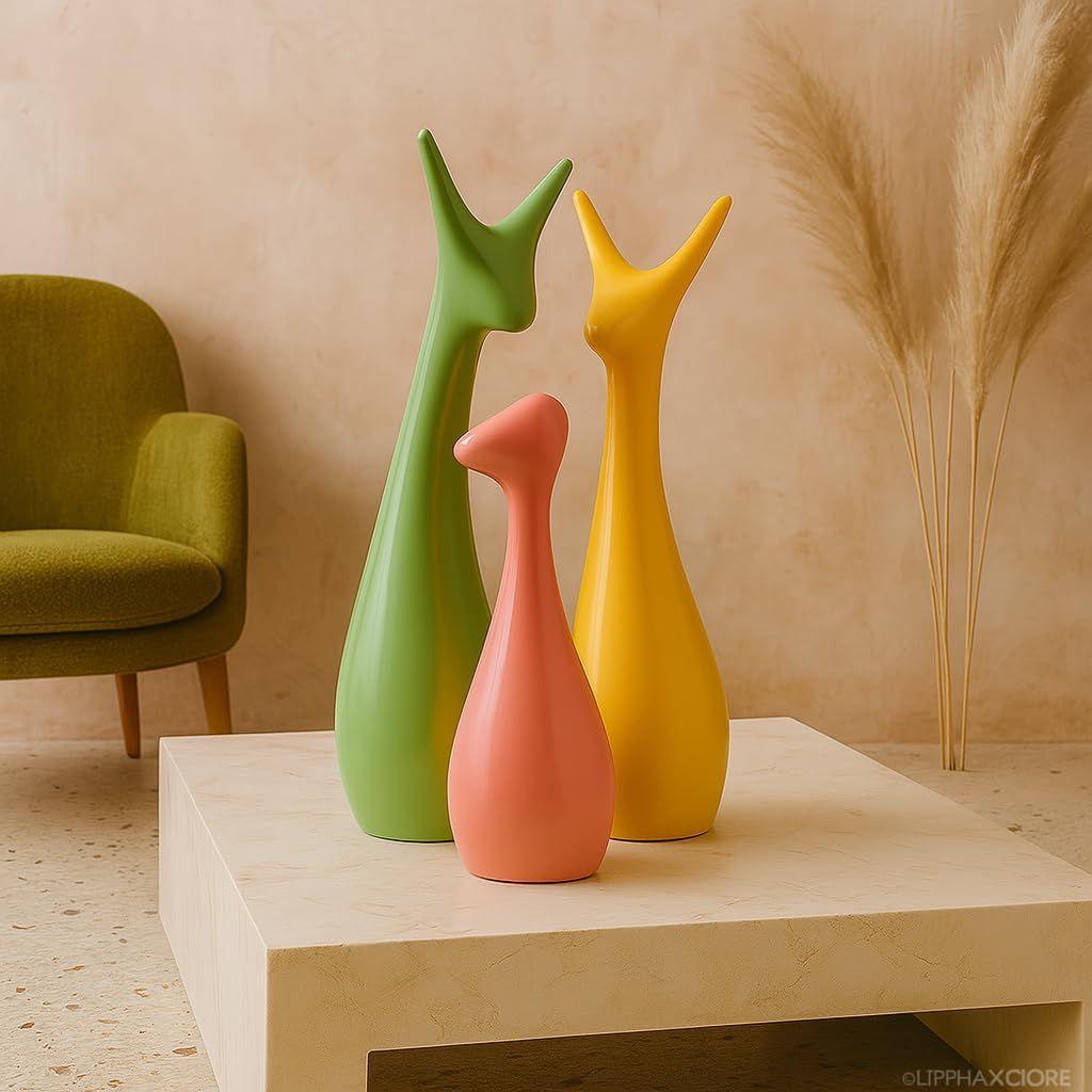 Home Décor Lucky Deer Family Set | Piano Finish Ceramic Figures - (Set of 3 Yellow, Pink, Parrot Color)