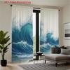 Set Of 2 Flat Printed Curtains Ocean Wave Pattern Blue White Color Beach Style Polyester Fabric Curtain Made With Rod Pocket