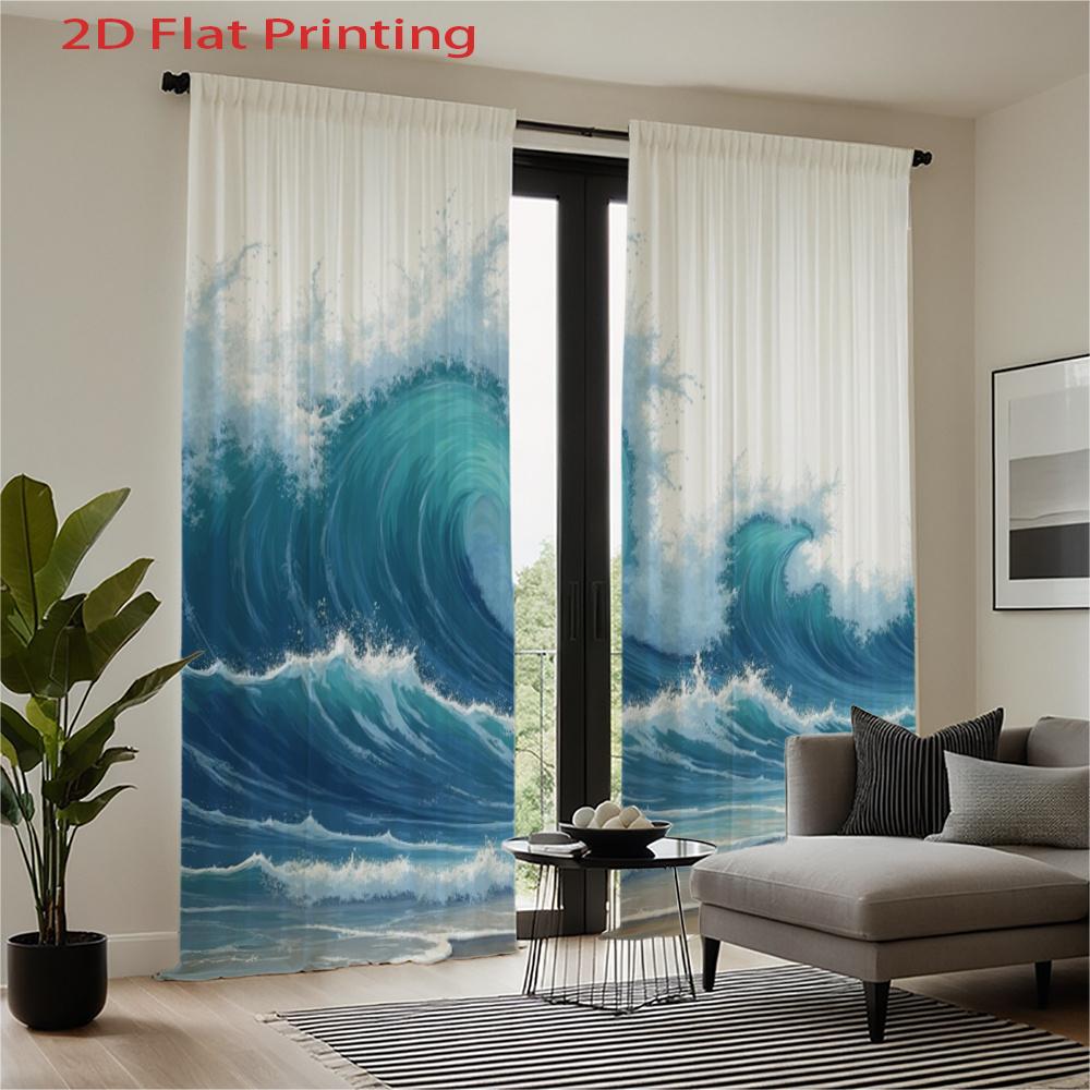 Set Of 2 Flat Printed Curtains Ocean Wave Pattern Blue White Color Beach Style Polyester Fabric Curtain Made With Rod Pocket