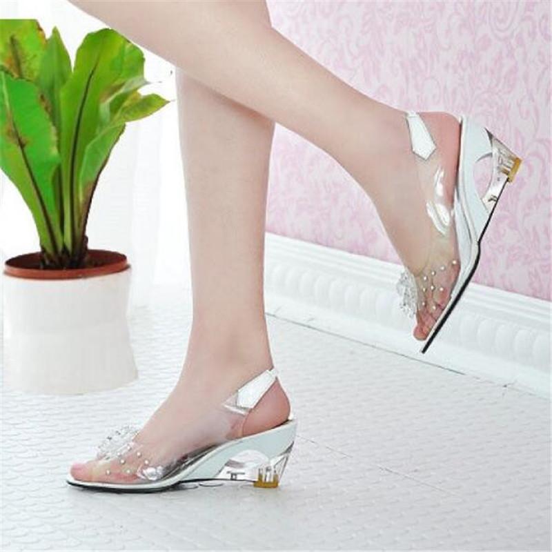 Wedges Sandals Women Summer Sweet Flowers Transparent Open Toe High Heels Sandals Fish Mouth Sandals Plus Size 30-45