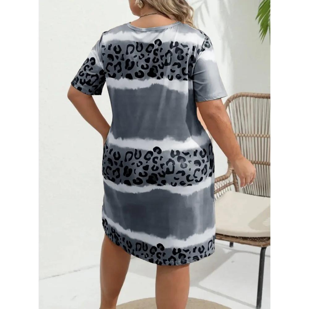 Dámské módní ležérní šaty nadměrných velikostí S-6XL Šaty s krátkým rukávem Tie-dye Leopardí potisk Šaty s krátkým rukávem s výstřihem do V