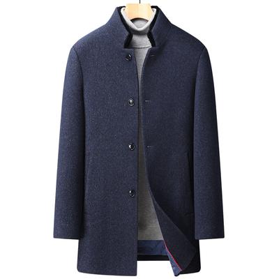 New Autumn and Winter Stand-up Collar Woolen Coat for Men, Cotton and Thickened Rex Rabbit Fur Collar Woolen Coat