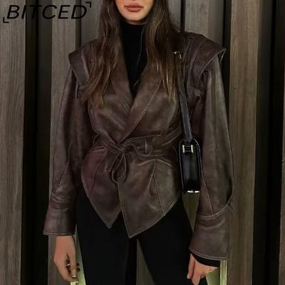 BITCED Spring/Fall Women's Versatile Vintage Single-Breasted Leather Jacket with Belt