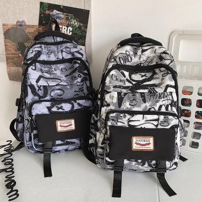 Trendy Brand Backpack Ins Trendy Cool Large Capacity Graffiti Backpack Men's Casual Backpack Junior High School Student Durable Backpack