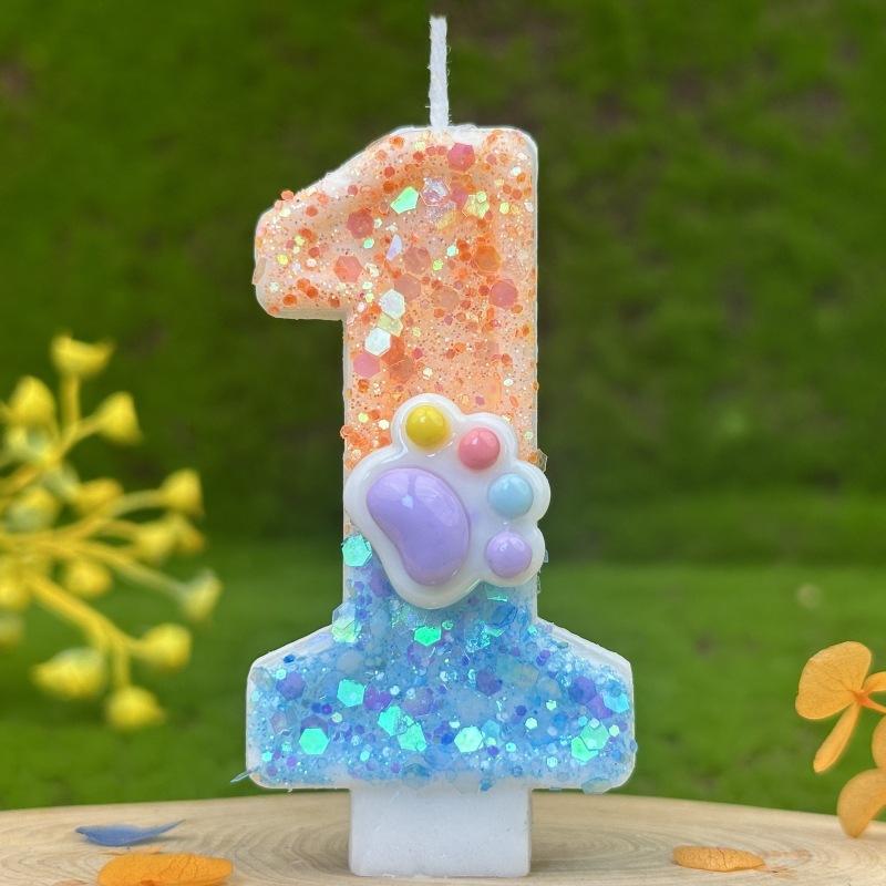 Sequin Cat Paw Dog Paw Digital Birthday Candle Cake Party Decoration First Birthday Celebration