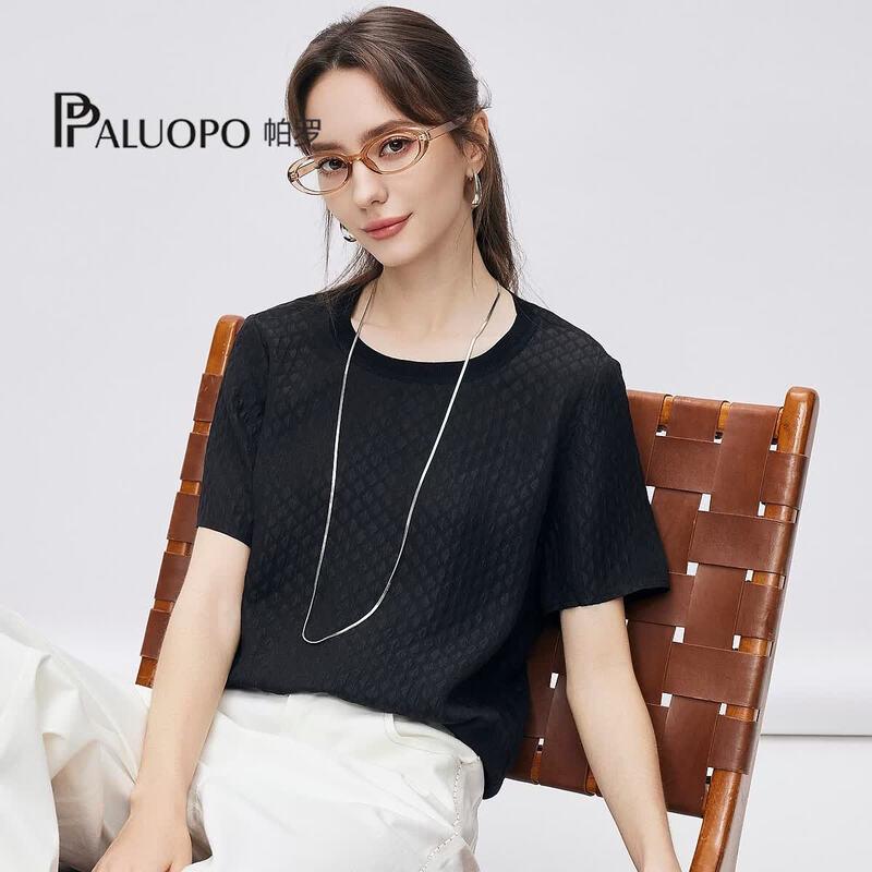 PALUOPO Women s 100% Mulberry Silk Plaid Guanle Crepe Round Neck T-Shirt XL