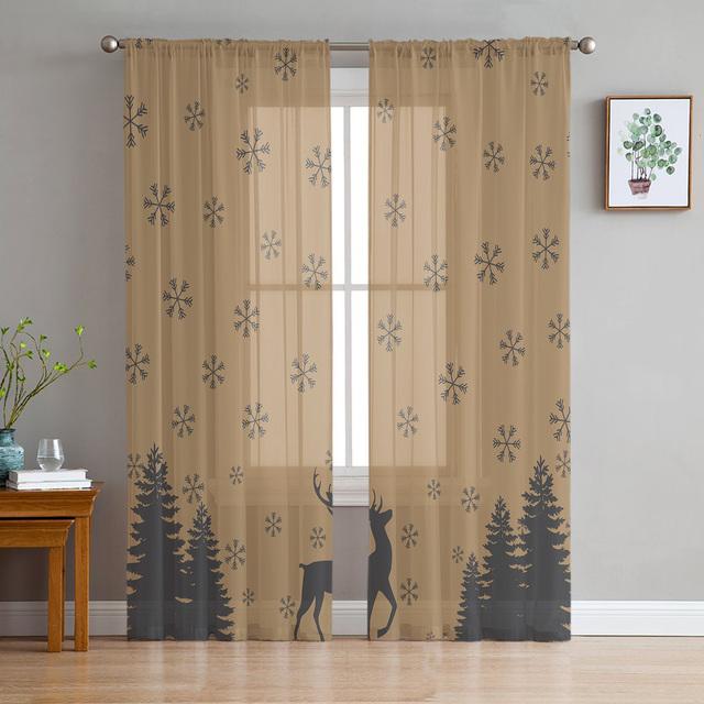 Christmas White Snow World Tulle Curtains For Living Room Decoration Modern Chiffon Sheer Voile Christmas Curtains
