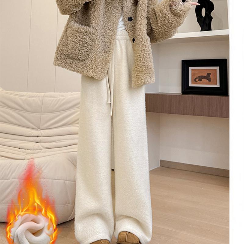 Mink Vel Wide-leg Pants for Women In Autumn and Winter New Knitted High-waisted Draped Glutinous Rice Pants Straight-legged Slim and Lazy Plush Pants