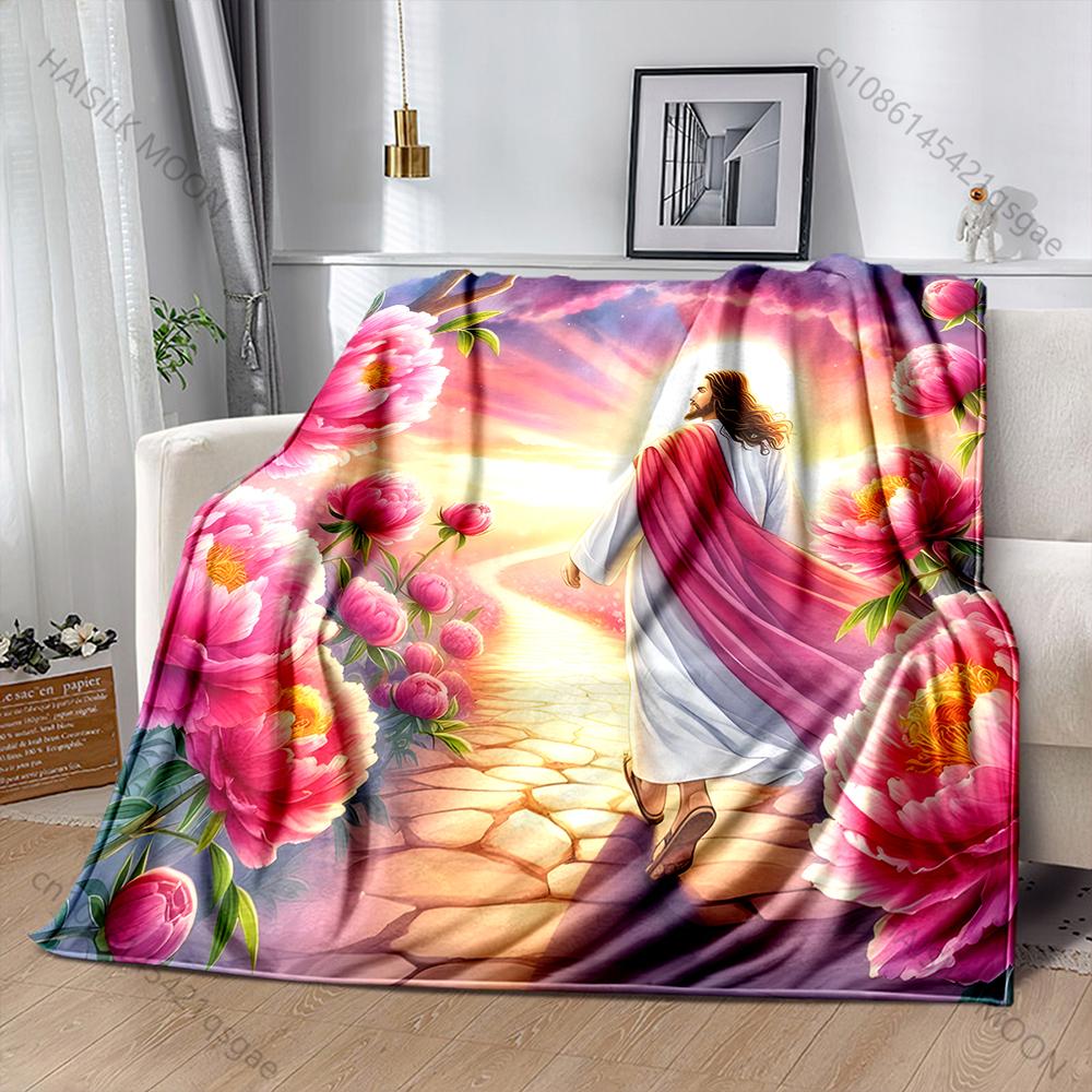 

God Jesus Flowers Print Blanket Warm Soft Fluffy Kids Adult Luxury Gifts for Sofa Bed Home Outdoor Travel Camping Blanket 75x100cm