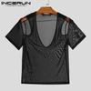 INCERUN Men V Neck Mesh Stretch Off Shoulder Sheer Tops Sexy Transparent T-shirts