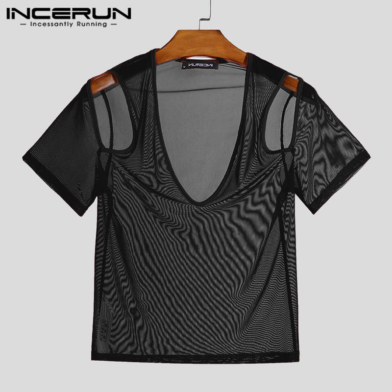 INCERUN Men V Neck Mesh Stretch Off Shoulder Sheer Tops Sexy Transparent T-shirts