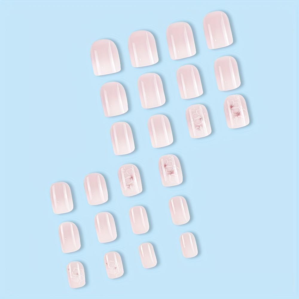 24 buc. Unghii false pătrate, scurte, lucioase, alb roz, degradat, apăsați pe unghii cu design de flori, unghii false cu acoperire completă, dulci, cool, pentru femei, fete