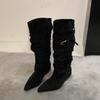 ~ Retro pointed thick heel knight boots women's new belt buckle western pleated long tube stacking boots