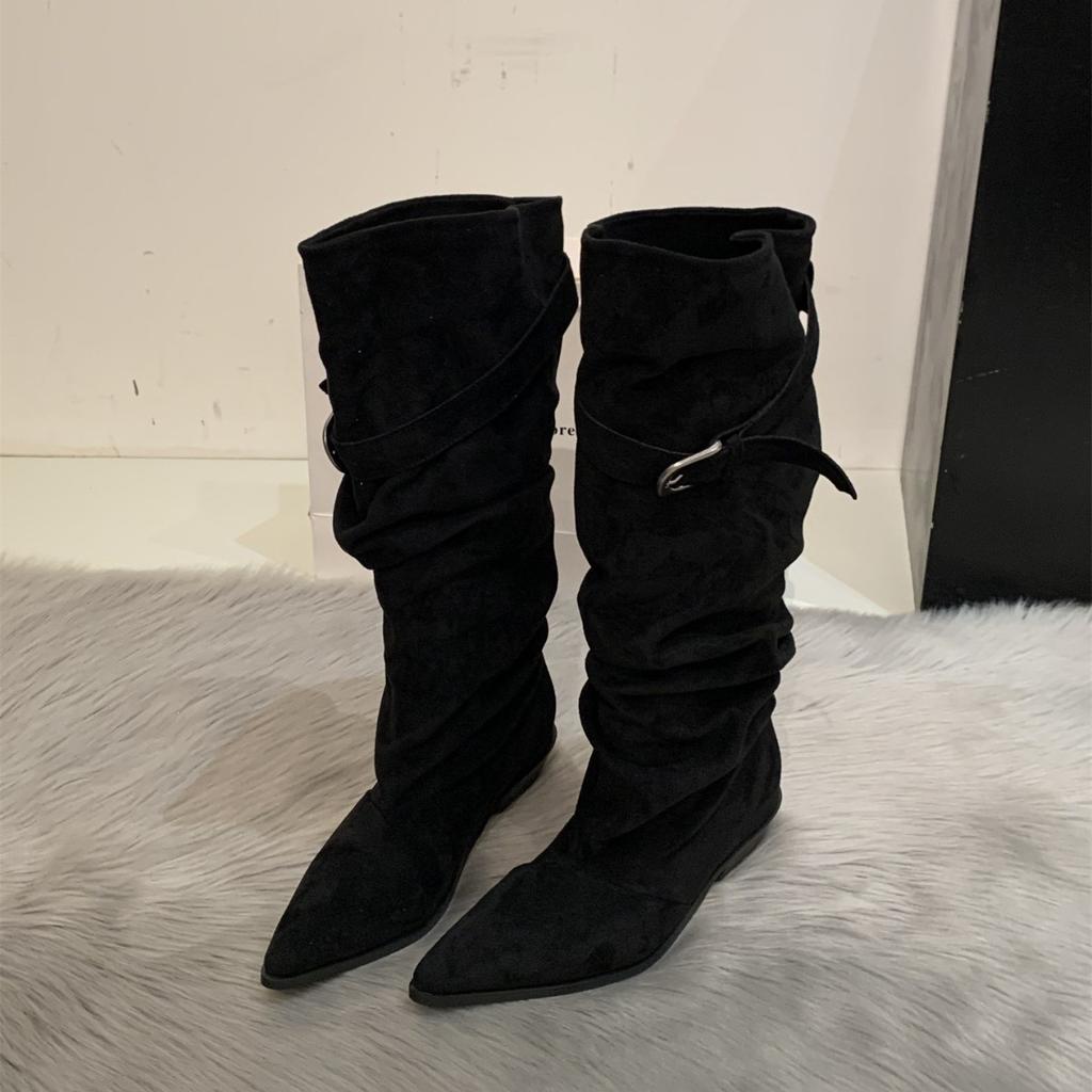 ~ Retro pointed thick heel knight boots women's new belt buckle western pleated long tube stacking boots