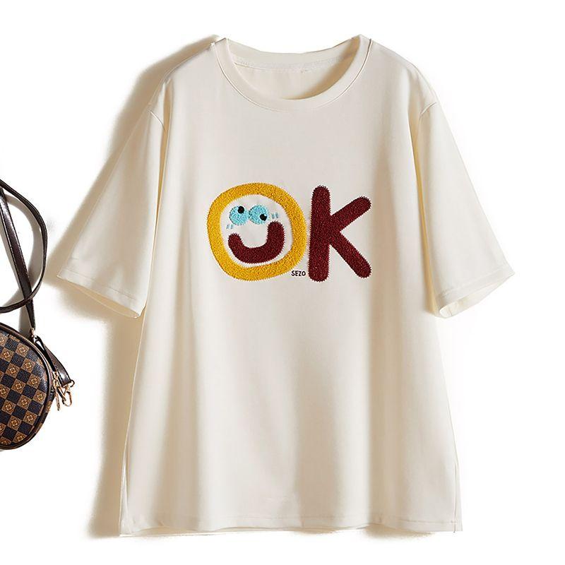 

OK Bounce Flocking Stickers! Inclusive Large Girls round Neck Soft Glutinous Air Cotton Shoulder Sleeve Mid Length Long Length T-shirt Amoi Beige White L