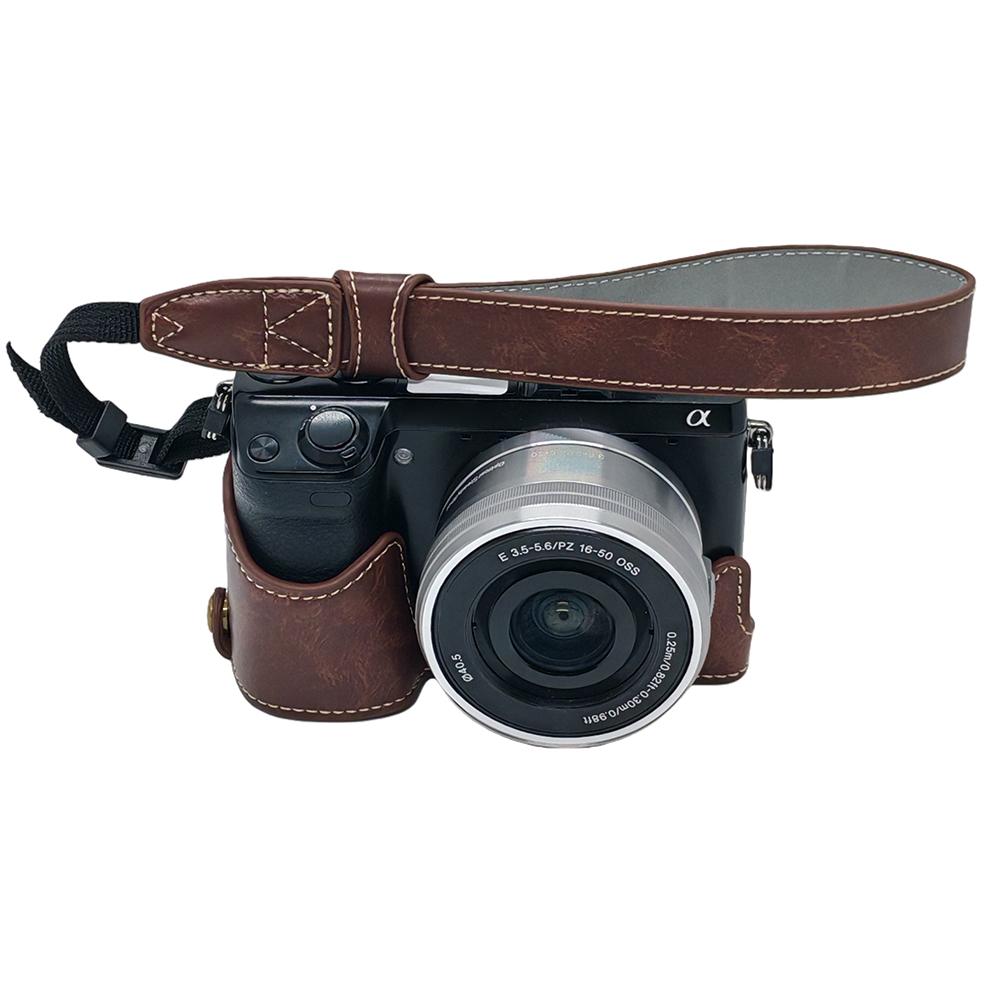 For Sony NEX-7/NEX-6 PU Leather Camera Case Battery Opening Design Half Body Cover with Hand Strap