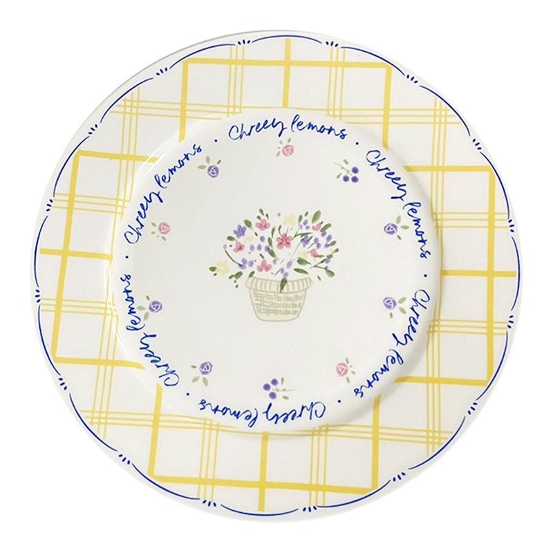 INS Wind Korean Ceramic Flower Letter Plate, Yellow Checked Breakfast Plate, Creative Pastoral Style, Cute Girl Heart Home Plate