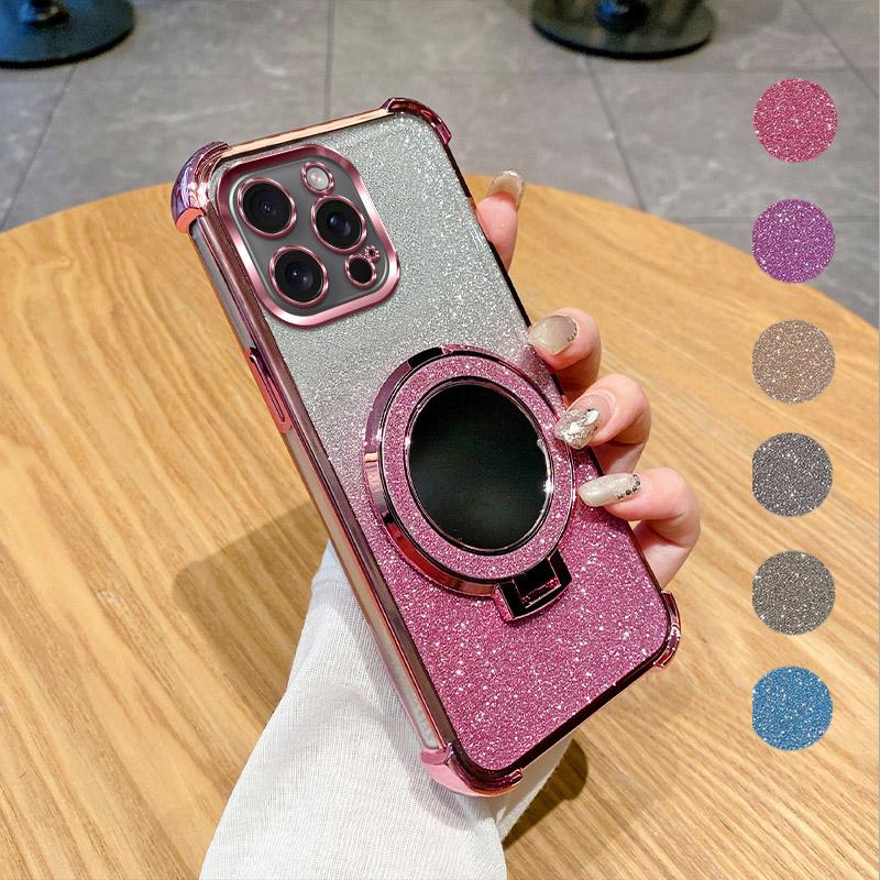 Electroplated Glitter Gradient Phone Case For XiaoMi RedMi Note 10 10S 10T 9 9S Pro Max 8 4G 5G with Mirror Ring Stand, Shockproof Cover