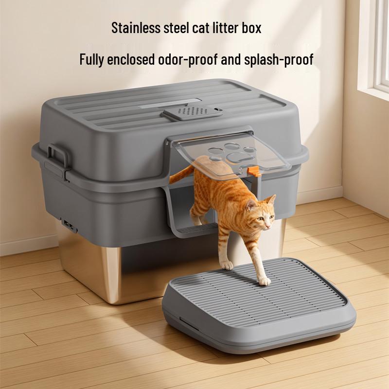 Bandeja de Gato Grande de Acero Inoxidable con Apertura Lateral - Diseño a Prueba de Salpicaduras y Duradero