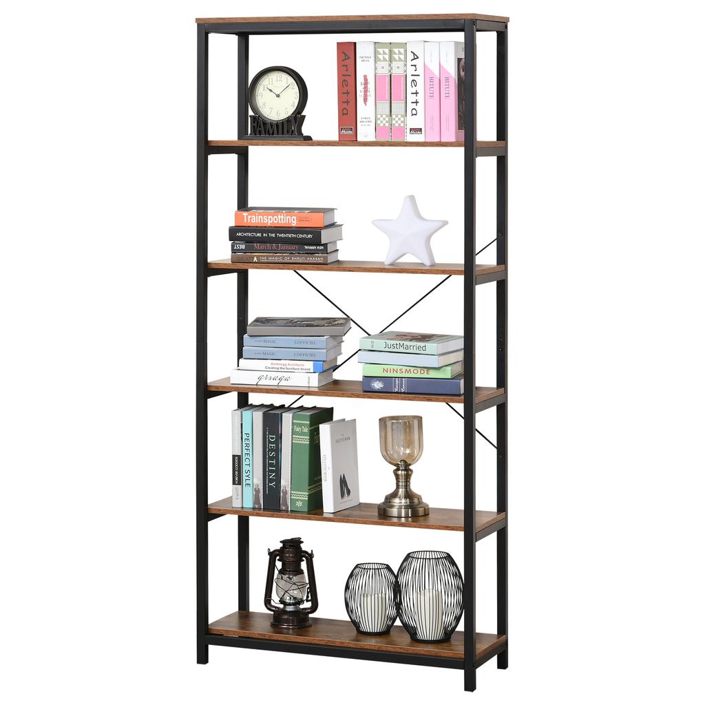 Bookshelf, 6 Open Shelves, Anti-Tip System, 80 x 30 x 180 cm, Rustic Brown