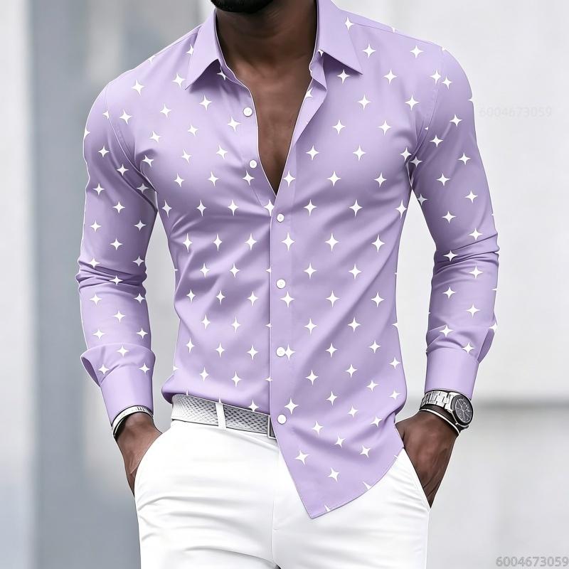 Men's Collared Long-sleeved Shirt, Classic Black Base with White Star Print, Slim Fit, Suitable for Commuting and Going Out.