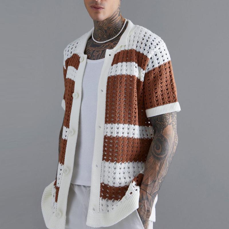 Mens Contrast Color Striped Hollow Out Knit Short Sleeve Cardigan M коричневый